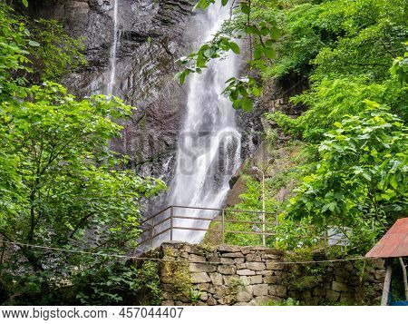 Big Waterfall. Makhuntseti Waterfall. Water Flow. Rapid Fall Of Water. Blurred Stream. Nice Place Fo