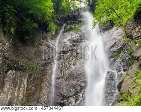 Big Waterfall. Makhuntseti Waterfall. Water Flow. Rapid Fall Of Water. Blurred Stream. Nice Place Fo