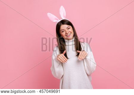 Funny Carefree Young Adult Brunette Woman With Bunny Ears, Looking Playful Happy, Childish Behavior,