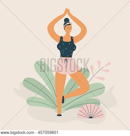 Body Positivity Cute Young Plump Girl With More Size-inclusive Body Do Yoga In Funky Figures Style.p