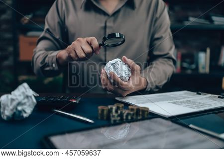 Serious Investors Have A Mad Crump Paper And Angry While Working  On The Desk.  Accounting And  Fina