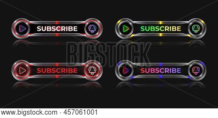 Subscribe 3d Realistic Metallic Banner Template With Neon Glow Play Button And Bell Icon