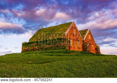 Traditional Ancient Icelandic Turf Houses In The Northern Iceland, Travel Background