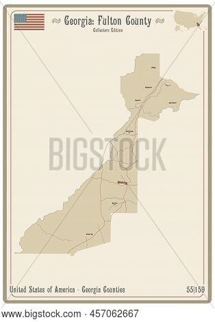 Map On An Old Playing Card Of Fulton County In Georgia, Usa.
