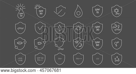 Spf 50, 30, 15 Sun Protection Icon Set. Vector Stock Illustration Isolated On Black Chalkboard Backg