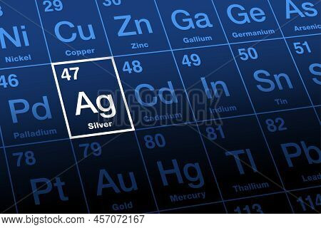 Silver On Periodic Table Of Elements. Precious Metal With Chemical Symbol Ag (latin Argentum), With 