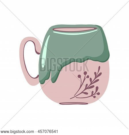 Ceramic Tea Cup. Coffee Cup With Herbal Ornament. Funny Drink Crockery. Handmade Tableware. Vector I