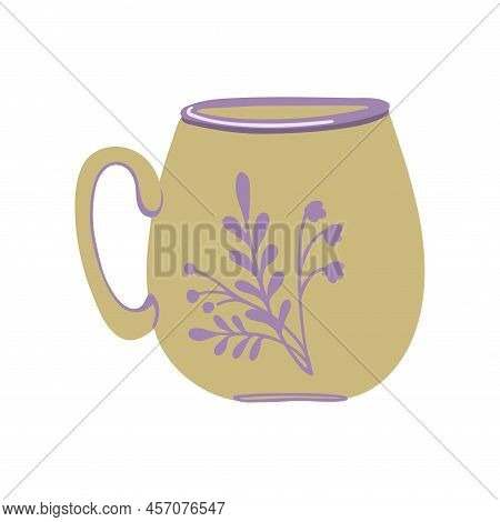 Ceramic Tea Cup. Coffee Cup With Herbal Ornament. Funny Drink Crockery. Handmade Tableware. Vector I