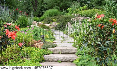 A Climbing Of Mountain Road Or Footpath With Beautiful Flowers And Other Roses To Make A Beautiful S