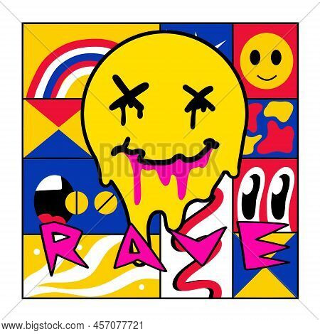 Poster With Yellow Smile Face. Acid Rave And Techno Party Of 90s.