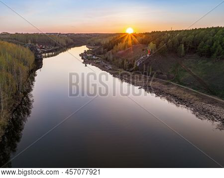 Beauriful Sunset View Along The Iset River And Rocks Near Kamensk-uralskiy. A Scenic Sunset At The R