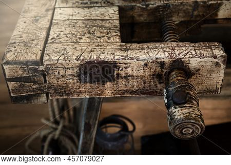 An Old Wooden Workbench, Workbench In A Workshop.