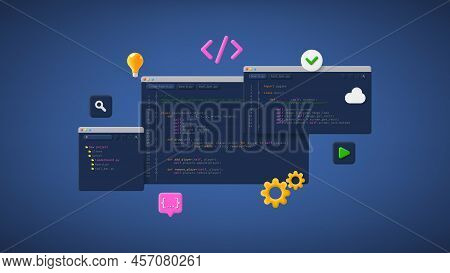 Concept Of Computer Programming Or Developing Software Or Game. Vector 3d Illustration With Coding S