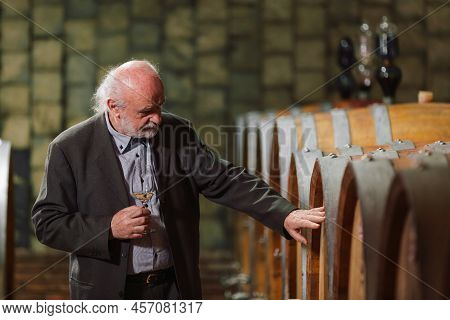 Senior Caucasian Graybeard Man Enjoying Visiting Wine Cellar, Looking Around Wooden Barrels And Tast