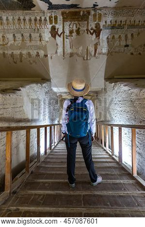 Woman Traveler At Tomb Of Pharaoh Merneptah (merenptah) In Valley Of The Kings, Luxor, Egypt