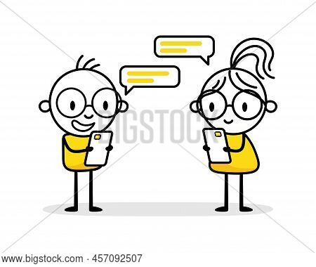 Man And Woman Are Keeping A Mobile Phone In Their Hands And They Are Sending Messages To Each Other.