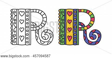 Doodle Letter R. Hand Drawn Line Abc. Sketch Alphabet. Kids Illustration For Coloring Book. Editable