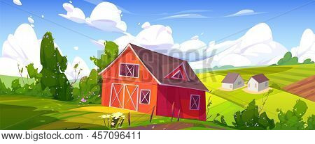 Summer Rural Landscape With Farm Barn, Green Agriculture Fields And Village Houses. Vector Cartoon I