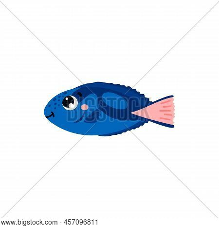 Paracanthurus Fish With Cute Smiling Face, Flat Vector Illustration Isolated On White Background.