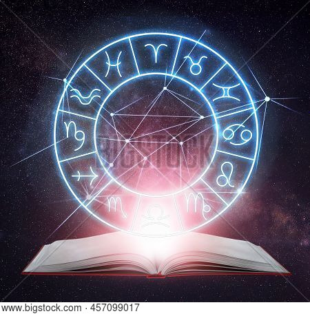 Open Book, Illustration Of Zodiac Wheel With Astrological Signs And Starry Sky At Night
