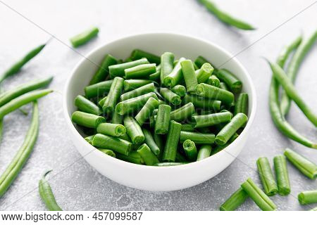 Fresh Raw Green Beans Cut In A Bowl. French Green Beans