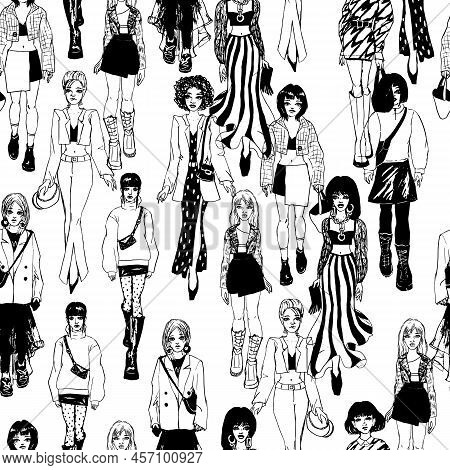 Seamless Pattern. Women In Trendy Clothes. Defile Sketch.