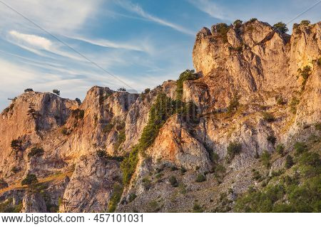 Background With The Rocks At Rhodope Or Rodopi Mountains In Bulgaria, Orlovo Oko Viewpoint From Belo