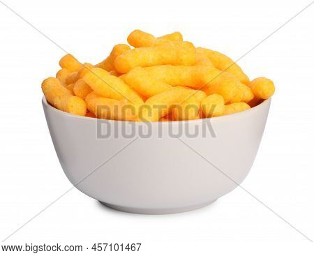 Many Tasty Cheesy Corn Puffs In Bowl Isolated On White