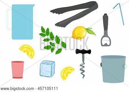 Bartending Equipment Set. Cocktail Bar Tools. Vector Cartoon Illustration. Bartender Equipment And I