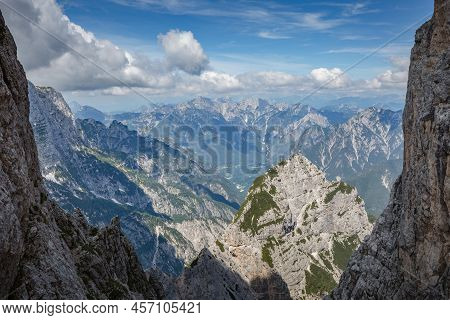 Beautiful Nature. Mountain Hiking Trail Road. Italy Malga Montasio Forca Disteis