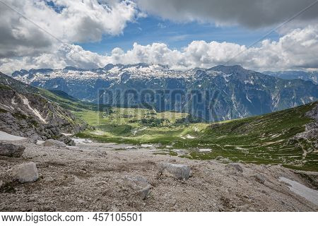Beautiful Nature. Mountain Hiking Trail Road. Italy Malga Montasio Forca Disteis