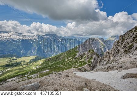 Beautiful Nature. Mountain Hiking Trail Road. Italy Malga Montasio Forca Disteis