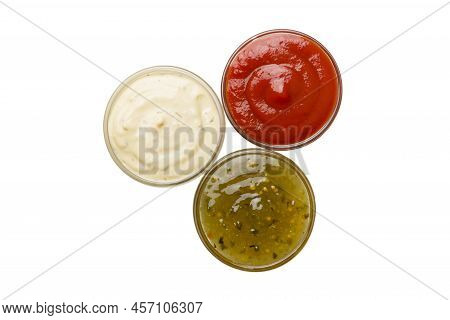 Set Of Bowl With Sauce Isolated On White Backgroundm Top View.