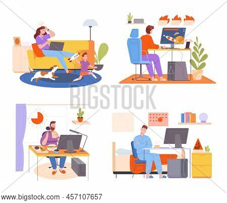 Remote Work Problems. Parent Home Office, Child Misbehave, People At Computer Laptop Freelance Profe