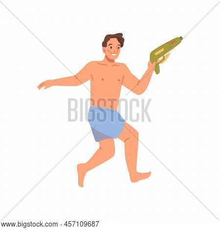 Boy Playing With Water Gun, Happy Flat Cartoon Character In Swimsuit. Vector Cute Active Child Havin