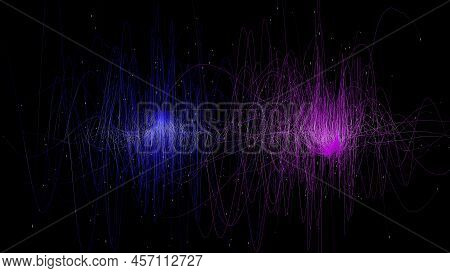 3d Abstract Neon Data Background. Colored Glowing Energy Lines, Spheres And Pulses On An Empty Black
