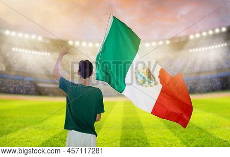 Mexico Football Supporter On Stadium. Mexican Fans On Soccer Pitch Watching Team Play. Group Of Supp