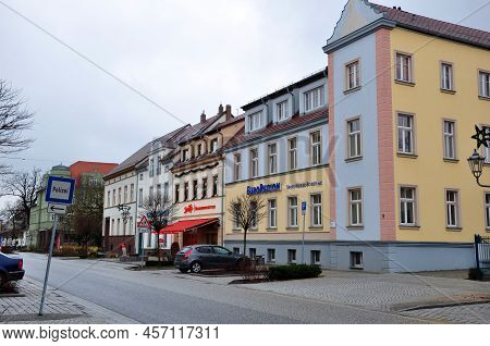 Guben, Germany - January 5, 2013: Old Hotel Buildings Facade Exterior Architecture Of Town Street.