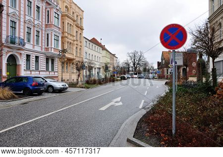 Guben, Germany - January 5, 2013: Town Street Road With Houses And Buildings Built Alongside.