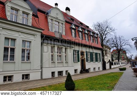 Guben, Germany - January 5, 2013: Facade Of Old Building With Stucco Moldings On Dormer Windows.