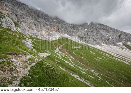 Beautiful Nature. Mountain Hiking Trail Road. Italy Malga Montasio Forca Disteis