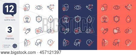 Set Of Face Verified, Medical Tablet And Blood Donation Line Icons. Include Fitness Water, Oil Serum