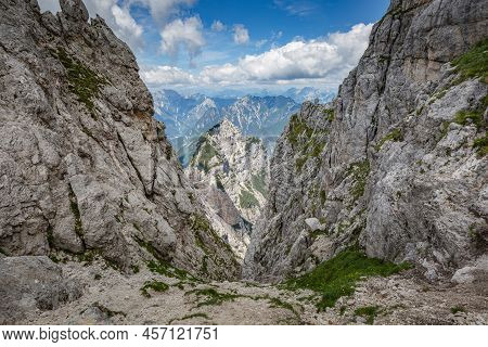 Beautiful Nature. Mountain Hiking Trail Road. Italy Malga Montasio Forca Disteis