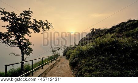 Beautiful Sightseeing Place Needle Rock View Point Or Suicide Point. Hiking Place Covered With Mist,