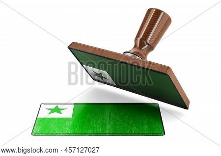 Wooden Stamper, Seal With Esperanto Flag, 3d Rendering Isolated On White Background