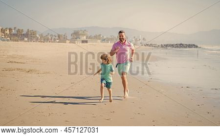 Dad And Kid Boy Family Running On Summer Beach, Family Vacation