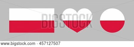 Poland Flag. Polish Icon. Official Flag Of Poland. White-red Round, Heart And Square Shapes. Isolate