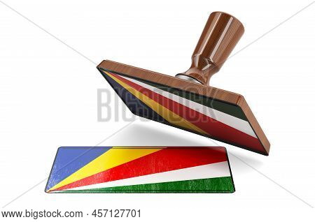Wooden Stamper, Seal With Seychelloise Flag, 3d Rendering Isolated On White Background