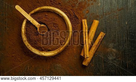 Cinnamon Ground Sticks Ceremony Cocoa Cloves Ground Coffee Spices On Wooden Table Closeup
