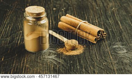 Cinnamon Ground Sticks Ceremony Cocoa Cloves Ground Coffee Spices On Wooden Table Closeup